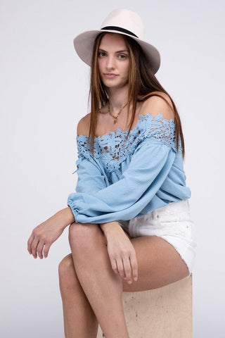 Lace Patchwork off-Shoulder Blouse *Online Only* - Premium Shirts & Tops at Lonnys NY - Just $38! Shop Womens clothing now 