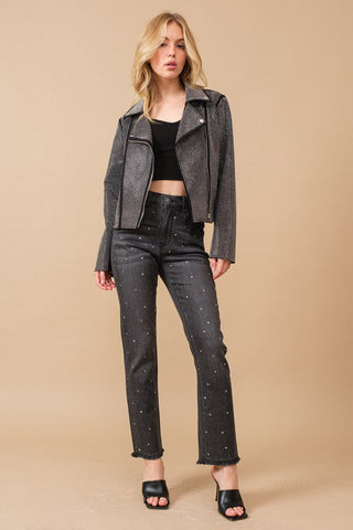 Crystal Studded Stretch Zip Up Moto Jacket *Online Only* - Premium  at Lonnys NY - Just $130! Shop Womens clothing now 