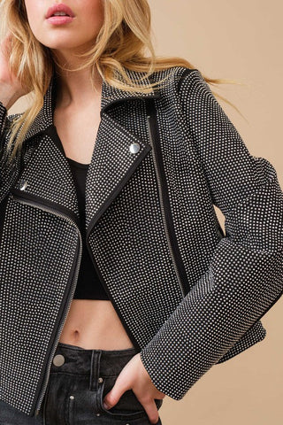 Crystal Studded Stretch Zip Up Moto Jacket *Online Only* - Premium  at Lonnys NY - Just $130! Shop Womens clothing now 