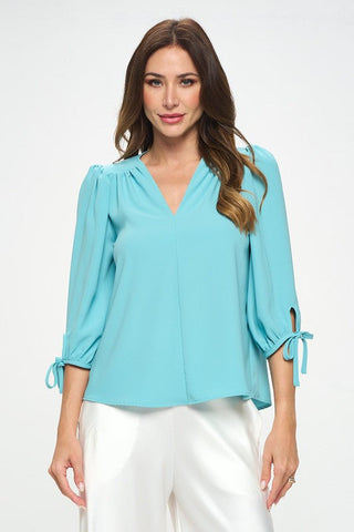 Solid V neck Top with Self Tie Sleeves - Premium  at Lonnys NY - Just $75! Shop Womens clothing now 