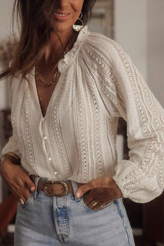 Crochet Lace button v-neck knit sweater blouse *Online Only* - Premium  from EG fashion - Just $64.53! Shop now 