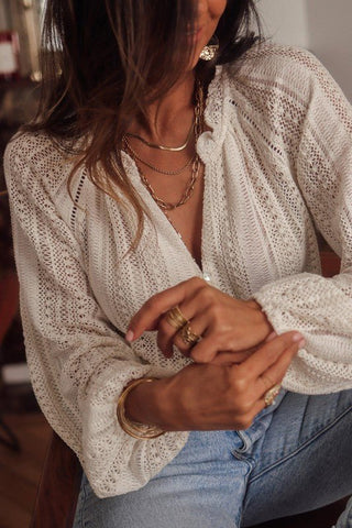 Crochet Lace button v-neck knit sweater blouse *Online Only* - Premium  at Lonnys NY - Just $64.53! Shop Womens clothing now 