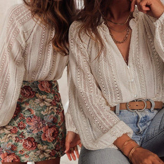 Crochet Lace button v-neck knit sweater blouse *Online Only* - Premium  at Lonnys NY - Just $64.53! Shop Womens clothing now 