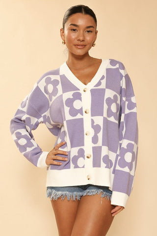 Checkered flower knit cardigan *Online Only* - Premium  at Lonnys NY - Just $64.68! Shop Womens clothing now 