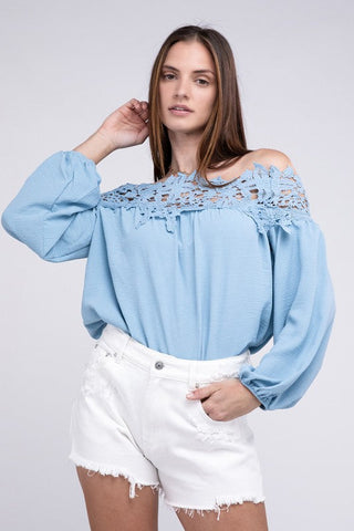 Lace Patchwork off-Shoulder Blouse *Online Only* - Premium Shirts & Tops at Lonnys NY - Just $38! Shop Womens clothing now 
