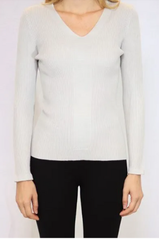 Lonnys V-Neck long sleeve rib pullover w jersey panels - Premium sweater at Lonnys NY - Just $97! Shop Womens clothing now 