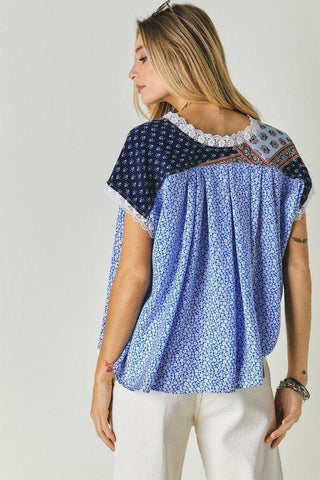 Printed Lace V-Neck Short Sleeve Loose Top *Online Only* - Premium  at Lonnys NY - Just $54! Shop Womens clothing now 