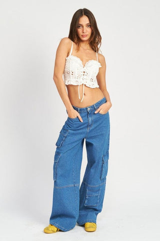 WIDE LEG DENIM PANTS WITH POCKETS CARGO PARACHUTE PANTS  *Online Only* - Premium  at Lonnys NY - Just $90! Shop Womens clothing now 