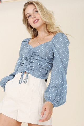 Ruched polka dot crop top with puff sleeves *Onine Only* - Premium  at Lonnys NY - Just $42! Shop Womens clothing now 