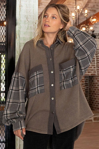 Long Sleeve With Plaid Detail Sleeve Shacket *Onine Only* - Premium  at Lonnys NY - Just $105! Shop Womens clothing now 