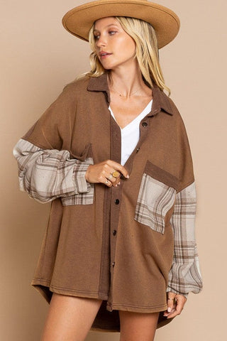 Long Sleeve With Plaid Detail Sleeve Shacket *Onine Only* - Premium  at Lonnys NY - Just $105! Shop Womens clothing now 