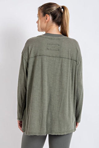 MINERAL WASHED ROUND NECKLINE LONG SLEEVES TOP *Online Only* - Premium  at Lonnys NY - Just $35.60! Shop Womens clothing now 