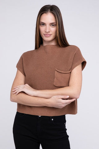 Mock Neck Short Sleeve Cropped Sweater  *Online Only* - Premium  at Lonnys NY - Just $35! Shop Womens clothing now 