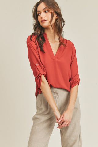 Roll Up Sleeve V Neck Top *Online Only* - Premium clothing at Lonnys NY - Just $38! Shop Womens clothing now 