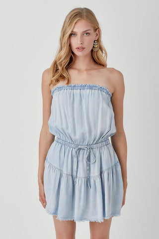 Raw Edge Detail Denim Tube Mini Dress  *Online Only* - Premium  from Mustard Seed - Just $63.25! Shop now 