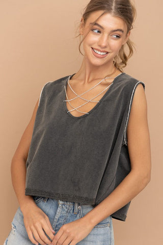 Mineral Washed Rhinestone Tank - Premium  at Lonnys NY - Just $51.98! Shop Womens clothing now 