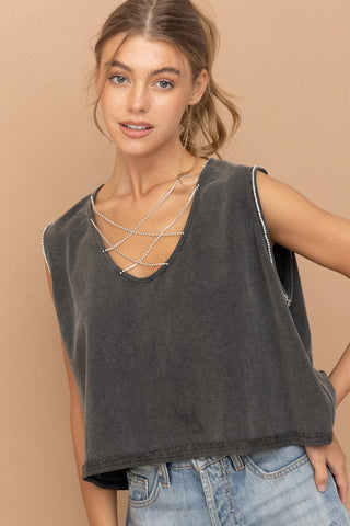 Mineral Washed Rhinestone Tank - Premium  at Lonnys NY - Just $51.98! Shop Womens clothing now 