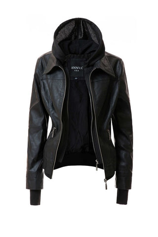 Hooded PU Leather Jacket *Online Only* - Premium clothing at Lonnys NY - Just $75! Shop Womens clothing now 