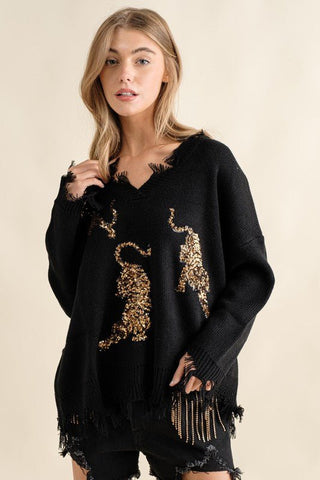 Frayed Edge Sequin Tiger Sweater *Online Only* - Premium  from Blue B - Just $65! Shop now 