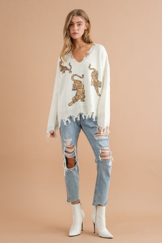 Frayed Edge Sequin Tiger Sweater *Online Only* - Premium  at Lonnys NY - Just $65! Shop Womens clothing now 