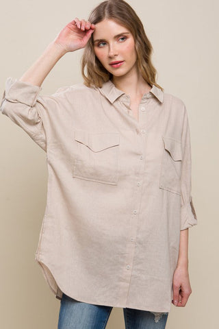 Linen Oversized Double Pocket Button Down Shirt - Premium  at Lonnys NY - Just $39! Shop Womens clothing now 