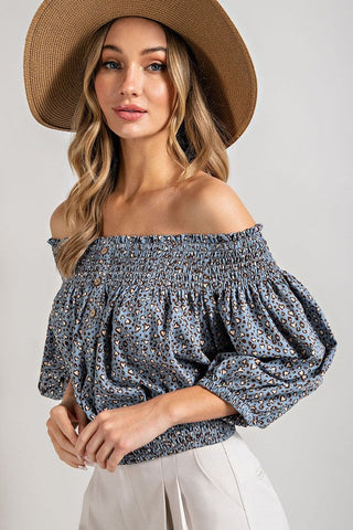 Animal Print Smocked Off the Shoulder Top *Online Only* - Premium  at Lonnys NY - Just $42.63! Shop Womens clothing now 