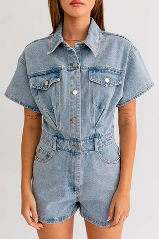 Short Sleeve Denim Romper  * Online Only* - Premium romper at Lonnys NY - Just $90! Shop Womens clothing now 