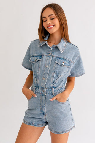 Short Sleeve Denim Romper  * Online Only* - Premium romper at Lonnys NY - Just $90! Shop Womens clothing now 