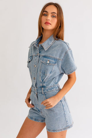 Short Sleeve Denim Romper  * Online Only* - Premium romper at Lonnys NY - Just $90! Shop Womens clothing now 