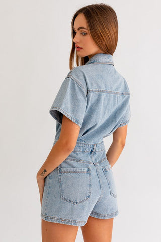 Short Sleeve Denim Romper  * Online Only* - Premium romper at Lonnys NY - Just $90! Shop Womens clothing now 