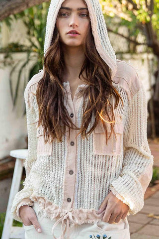 Open Knit Button Down Pocket Hooded Shirt Top *Online Only* - Premium  from POL - Just $75! Shop now 