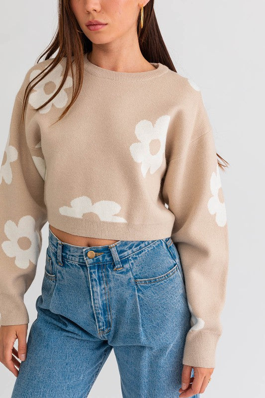 LONG SLEEVE CROP SWEATER WITH DAISY PATTERN *Online Only* - Premium  from LE LIS - Just $64.58! Shop now at Lonnys NY