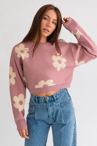 Long Sleeve Crop Sweater with Daisy Pattern - Premium  from LE LIS - Just $78! Shop now 