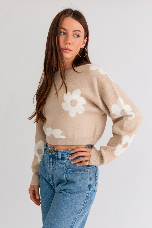 LONG SLEEVE CROP SWEATER WITH DAISY PATTERN *Online Only*