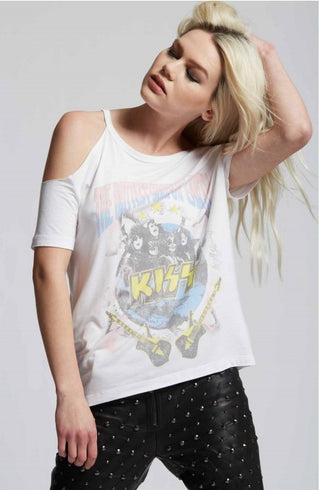 Kiss the Hottest Show On Earth Cold Shoulder Band Tee *Online Only* - Premium Shirts & Tops at Lonnys NY - Just $60! Shop Womens clothing now 