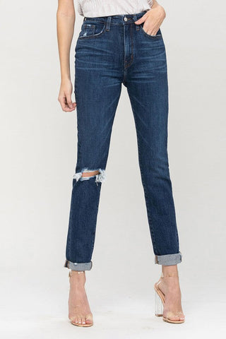 Distressed Roll Up Stretch Mom Jeans - Premium  at Lonnys NY - Just $75! Shop Womens clothing now 