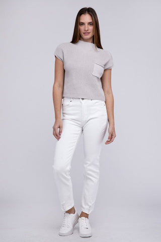 Mock Neck Short Sleeve Cropped Sweater  *Online Only* - Premium  at Lonnys NY - Just $35! Shop Womens clothing now 