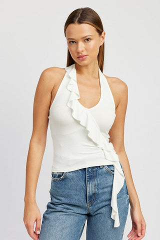 RUFFLED HALTER TOP *Online Only* - Premium  at Lonnys NY - Just $42.25! Shop Womens clothing now 