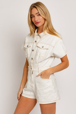 Short Sleeve Denim Romper  * Online Only* - Premium romper at Lonnys NY - Just $90! Shop Womens clothing now 