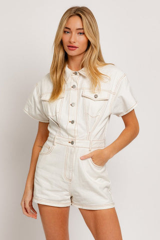 Short Sleeve Denim Romper  * Online Only* - Premium romper at Lonnys NY - Just $90! Shop Womens clothing now 