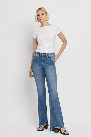 High Rise Slant Hem Flare Jeans *Online Only* - Premium clothing at Lonnys NY - Just $84! Shop Womens clothing now 