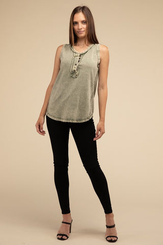 Half-Button Raw Edge Sleeveless Henley Top *Online Only* - Premium tank top at Lonnys NY - Just $37! Shop Womens clothing now 