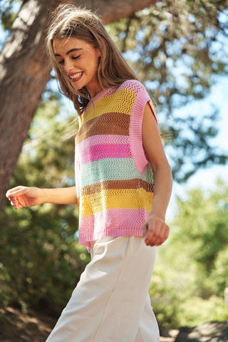 Crochet Multi Striped Pullover Knit Sweater Vest *Online Only* - Premium Shirts & Tops at Lonnys NY - Just $59.20! Shop Womens clothing now 