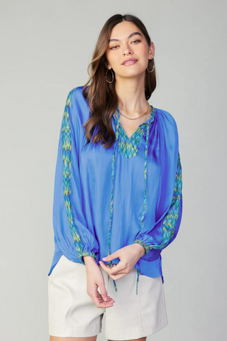Madison Split Neck Geometric Blouse - Premium Shirts & Tops from MADISON - Just $81! Shop now 