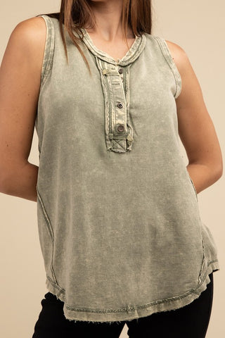 Half-Button Raw Edge Sleeveless Henley Top *Online Only* - Premium tank top at Lonnys NY - Just $37! Shop Womens clothing now 