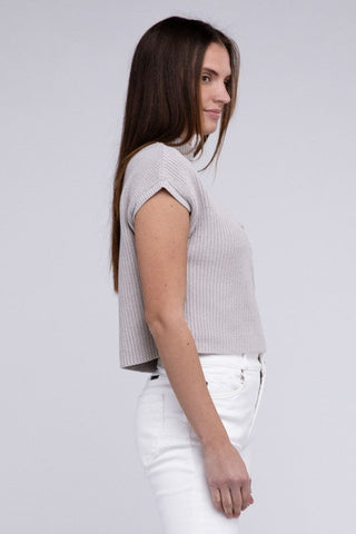 Mock Neck Short Sleeve Cropped Sweater  *Online Only* - Premium  at Lonnys NY - Just $35! Shop Womens clothing now 