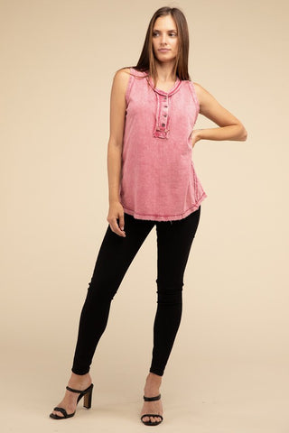 Half-Button Raw Edge Sleeveless Henley Top *Online Only* - Premium tank top at Lonnys NY - Just $37! Shop Womens clothing now 