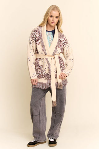 61 Jane Bandana Print Belted Fringe Cardigan