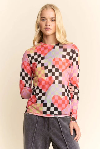 61 Jane Mesh Checkerboard Heart Long Sleeve Shirt