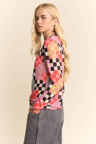 61 Jane Mesh Checkerboard Heart Long Sleeve Shirt